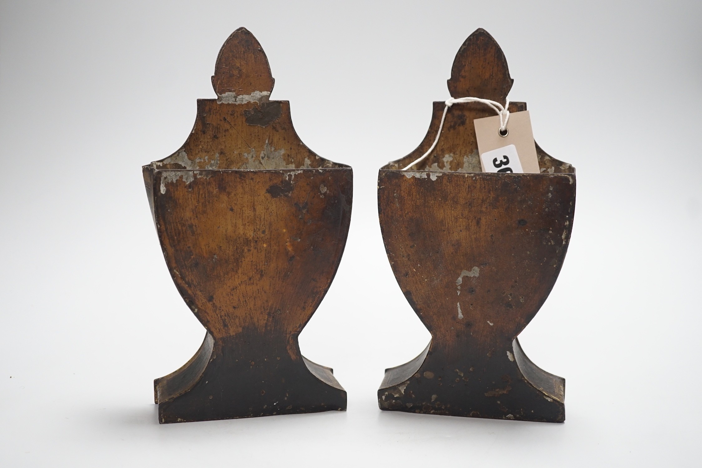 A pair of 19th century French painted urn-shaped toleware spill vases, 23.5cms high